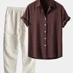 Linen Button-Down Shirt and Straight Leg Trousers Set for Men - Brown