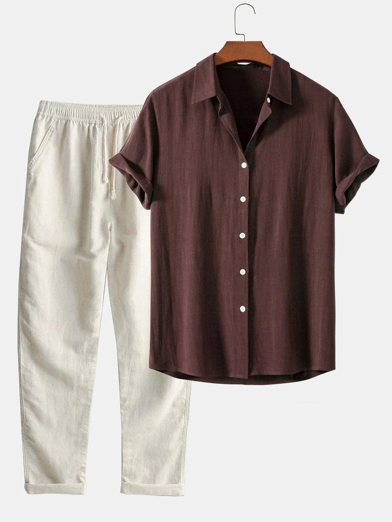 Linen Button-Down Shirt and Straight Leg Trousers Set for Men - Brown