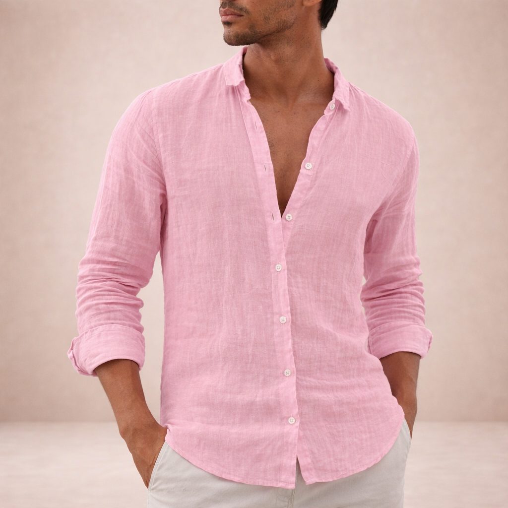 Linen Button-Down Shirt for Men - Pink