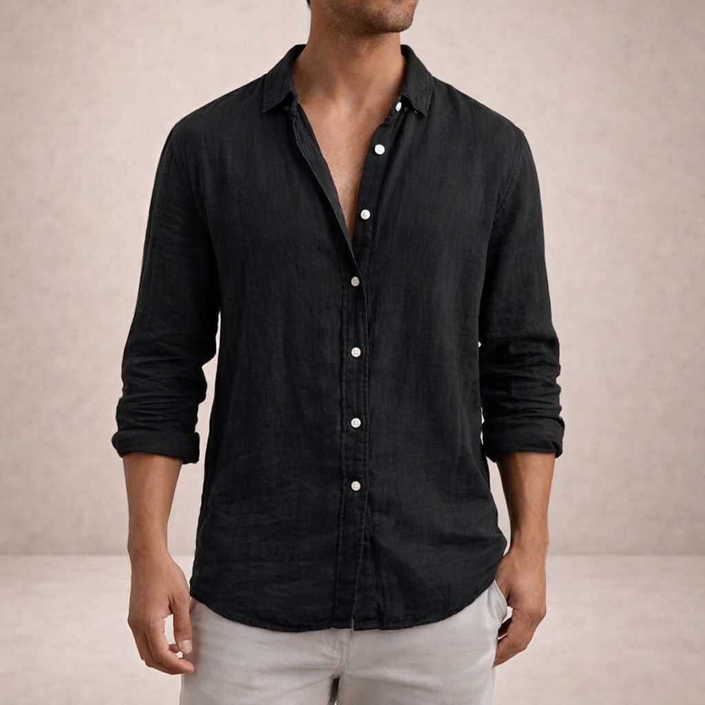 Linen Button-Down Shirt for Men - Black