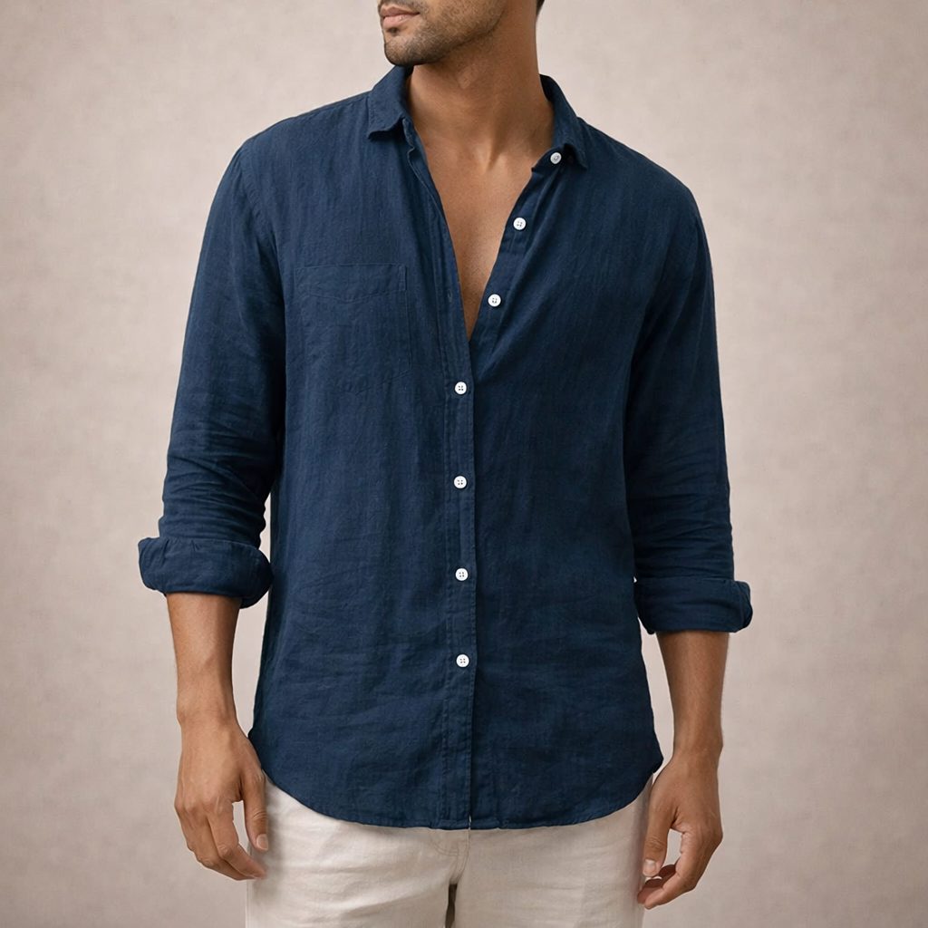 Linen Button-Down Shirt for Men - Dark Blue