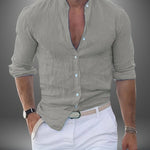 Linen Button-Down Shirt with Stand Collar for Men