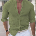 Linen Button-Down Shirt with Stand Collar for Men - Green