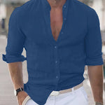 Linen Button-Down Shirt with Stand Collar for Men - Dark Blue