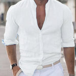 Linen Button-Down Shirt with Stand Collar for Men - White