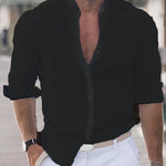 Linen Button-Down Shirt with Stand Collar for Men - Black