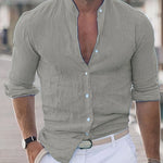 Linen Button-Down Shirt with Stand Collar for Men - View 7