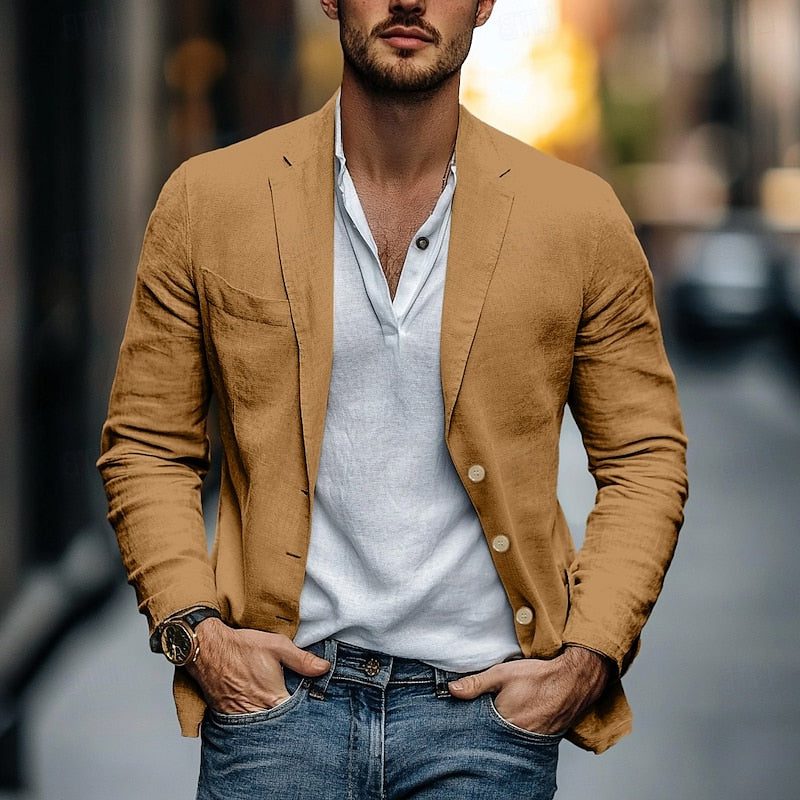 Linen Button-Front Blazer for Men - Brown