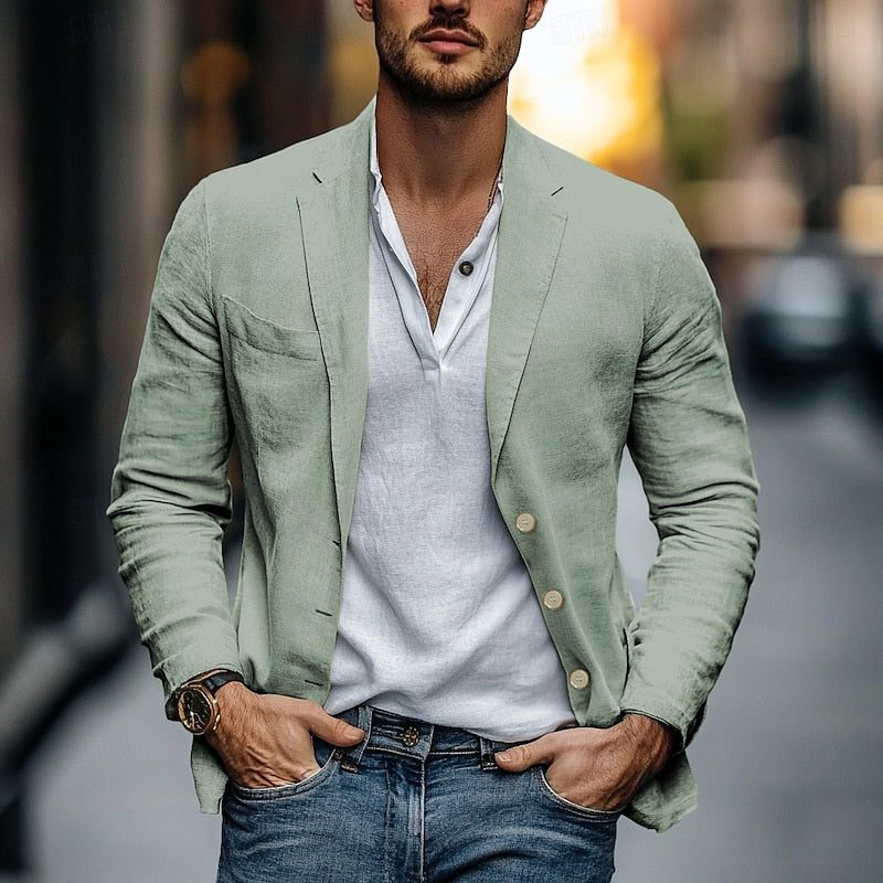 Linen Button-Front Blazer for Men - Green