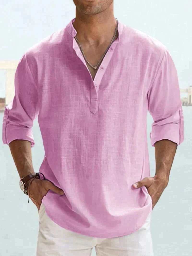 Linen Henley Long Sleeve Shirt for Men - Pink
