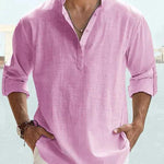 Linen Henley Long Sleeve Shirt for Men - Pink