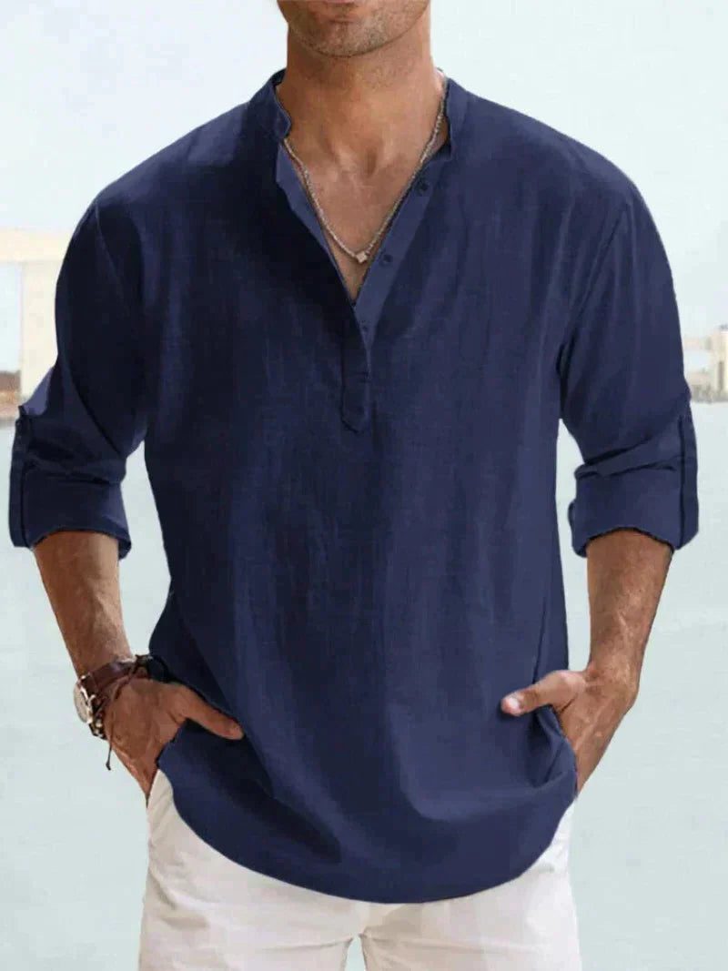 Linen Henley Long Sleeve Shirt for Men - Navy Blue