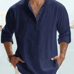 Linen Henley Long Sleeve Shirt for Men - Navy Blue