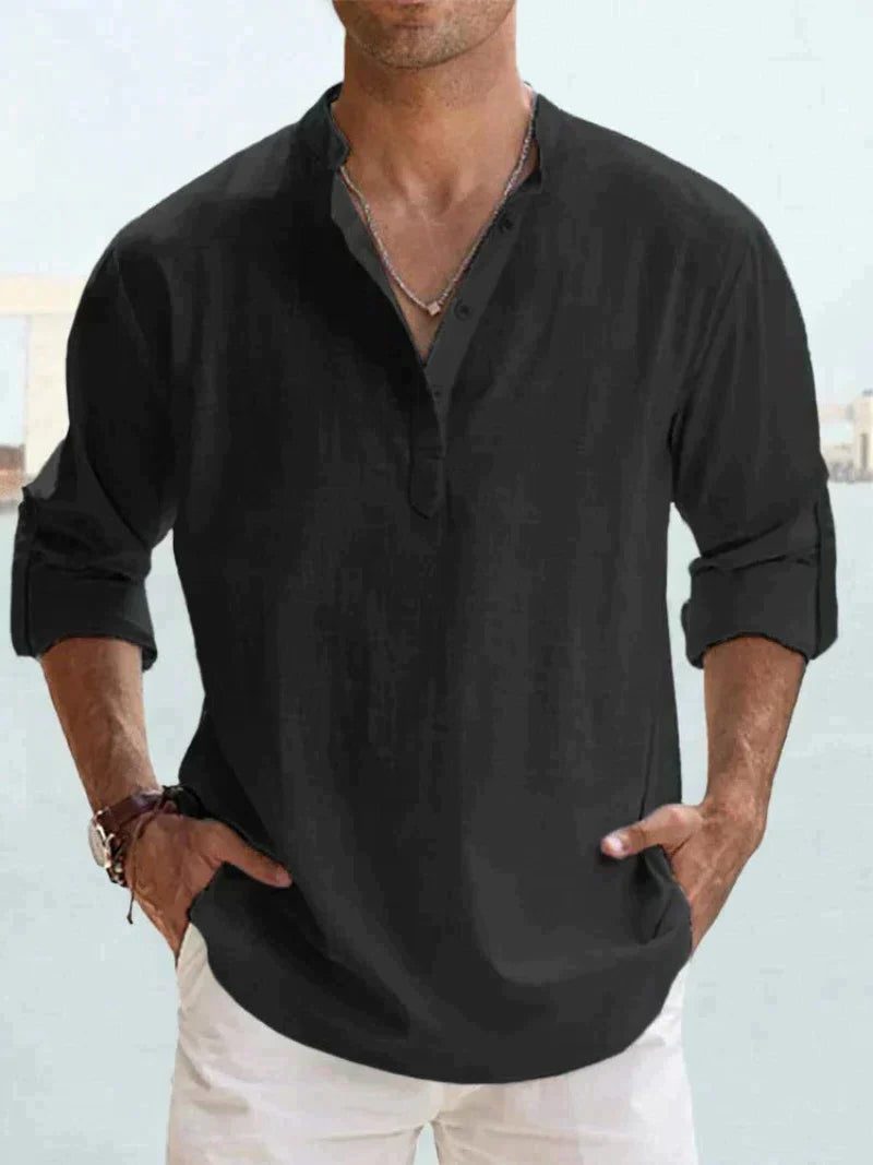 Linen Henley Long Sleeve Shirt for Men - Black