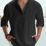 Linen Henley Long Sleeve Shirt for Men - Black