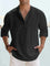Linen Henley Long Sleeve Shirt for Men - Black