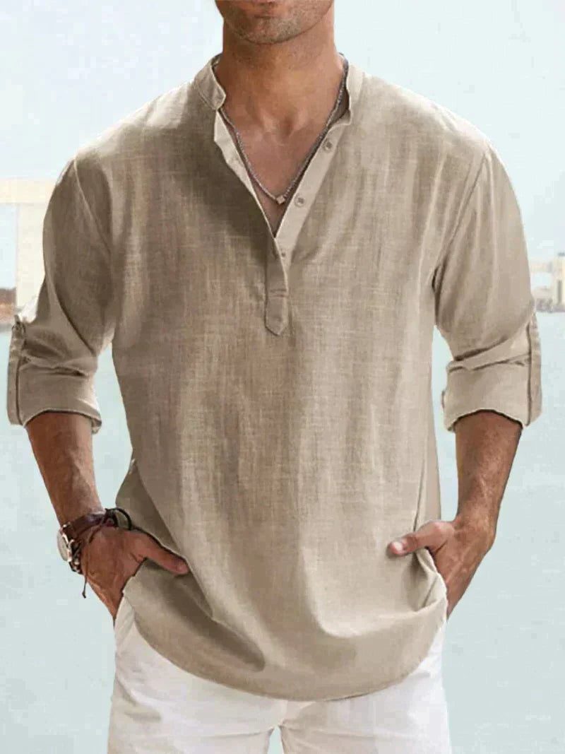Linen Henley Long Sleeve Shirt for Men - Khaki