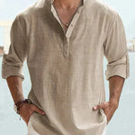 Linen Henley Long Sleeve Shirt for Men - Khaki