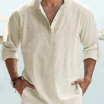 Linen Henley Long Sleeve Shirt for Men - Cream