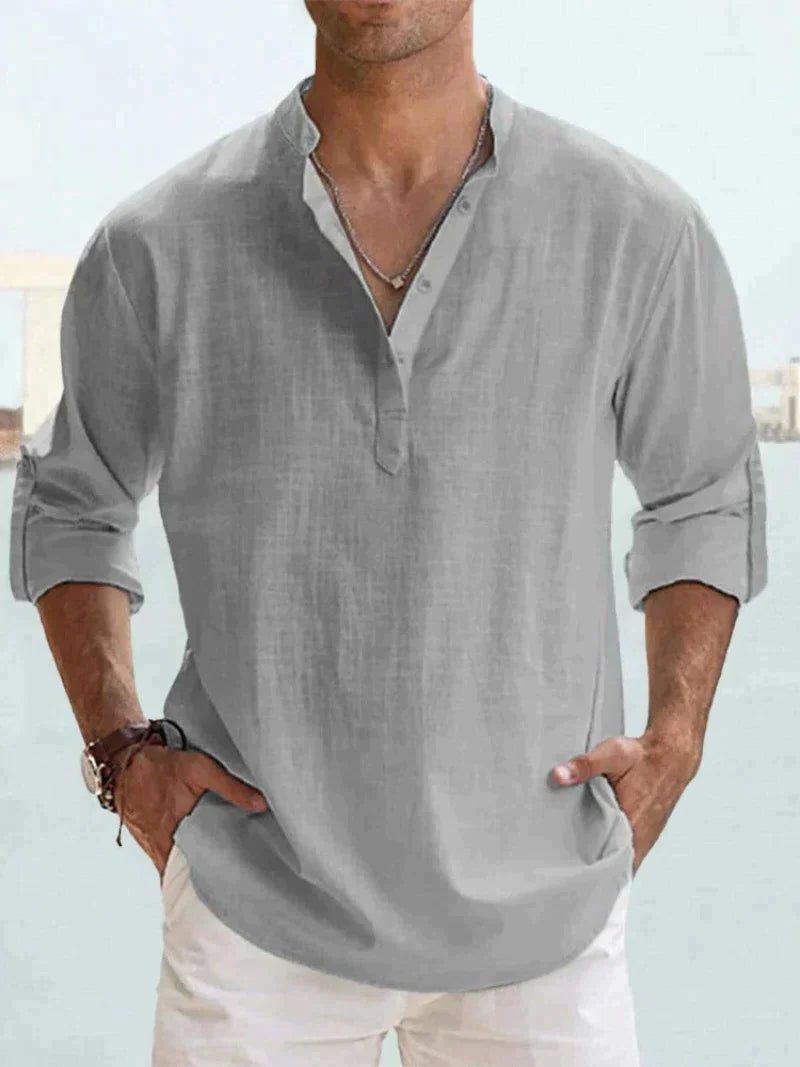 Linen Henley Long Sleeve Shirt for Men - Gray