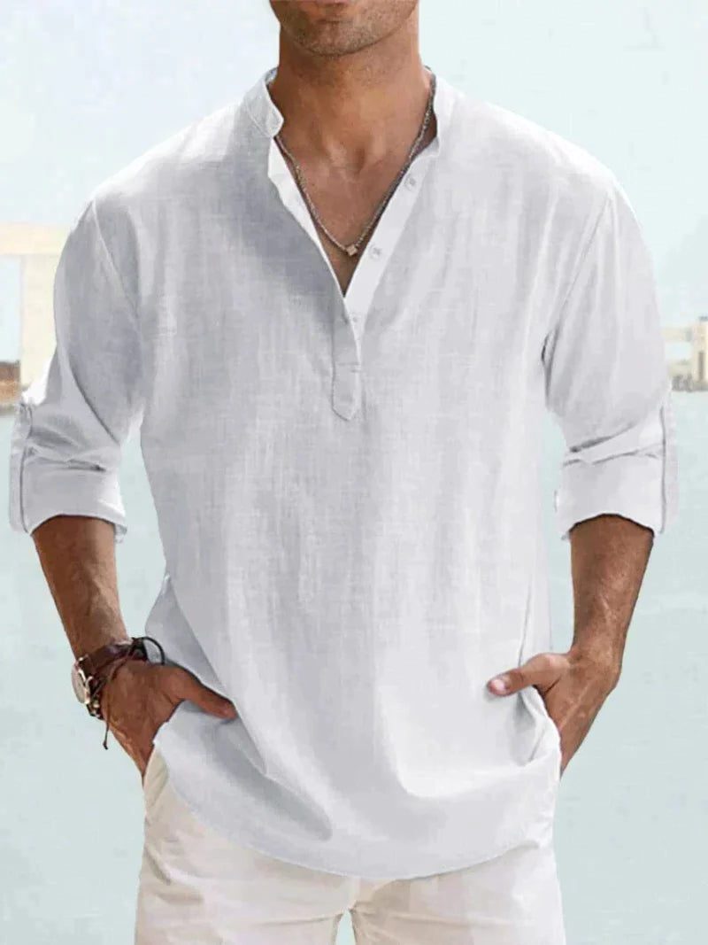 Linen Henley Long Sleeve Shirt for Men - White