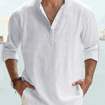 Linen Henley Long Sleeve Shirt for Men - White