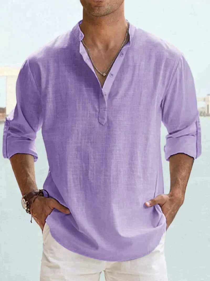 Linen Henley Long Sleeve Shirt for Men - Purple