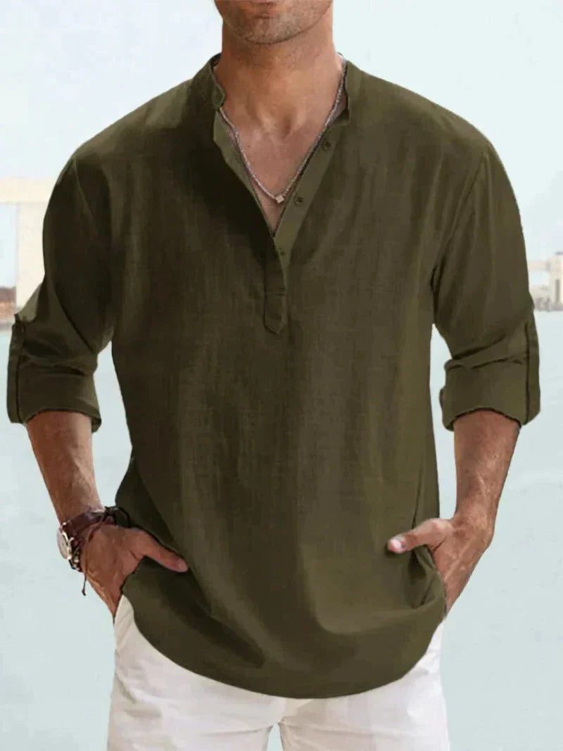 Linen Henley Long Sleeve Shirt for Men - Military Green