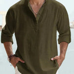 Linen Henley Long Sleeve Shirt for Men - Military Green