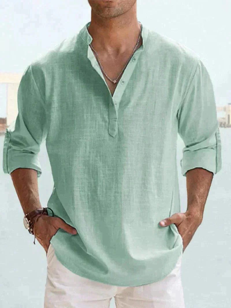 Linen Henley Long Sleeve Shirt for Men - Green