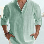 Linen Henley Long Sleeve Shirt for Men - Green