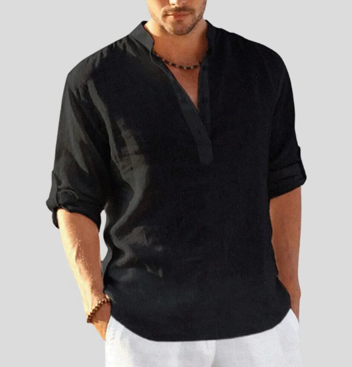 Linen Henley Shirt for Men - Schwarz