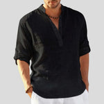 Linen Henley Shirt for Men - Schwarz