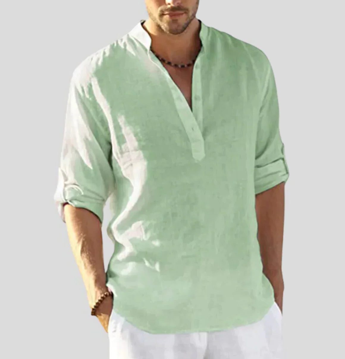 Linen Henley Shirt for Men - Helles Grün