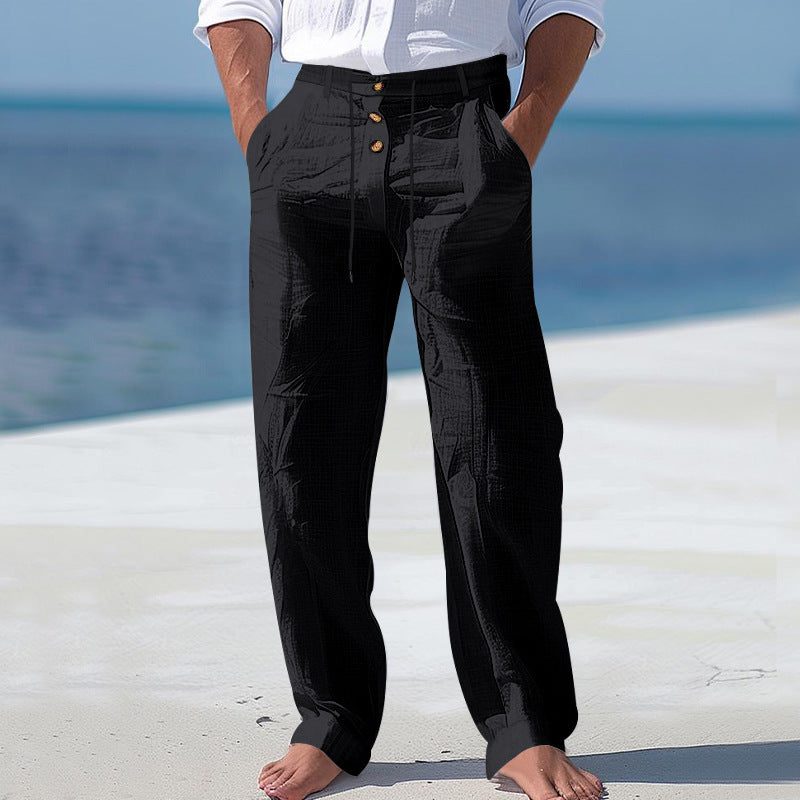 Linen High Waist Straight Leg Trousers for Men - Black
