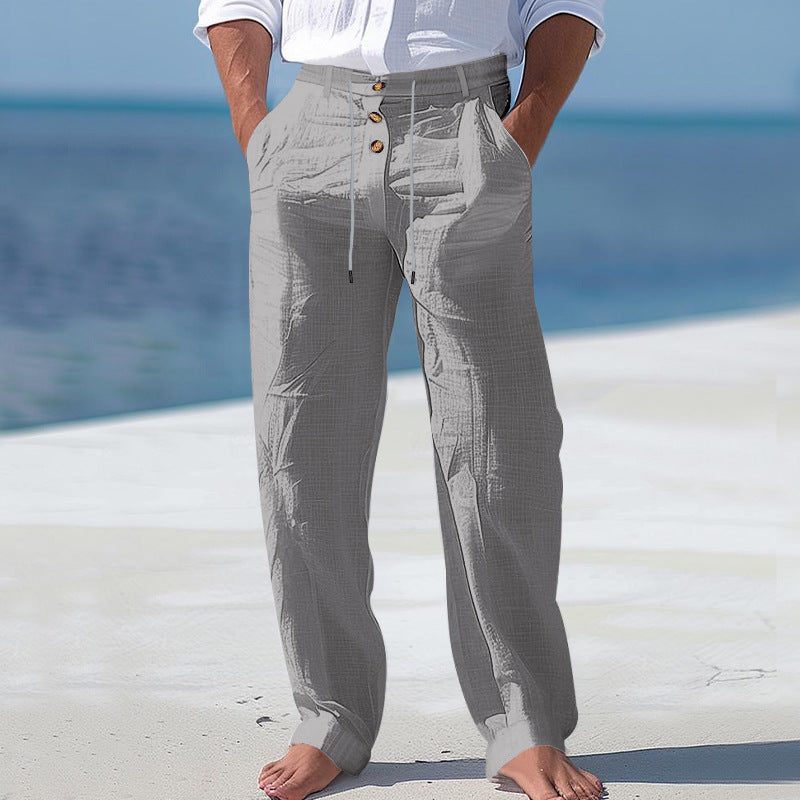 Linen High Waist Straight Leg Trousers for Men - Gray