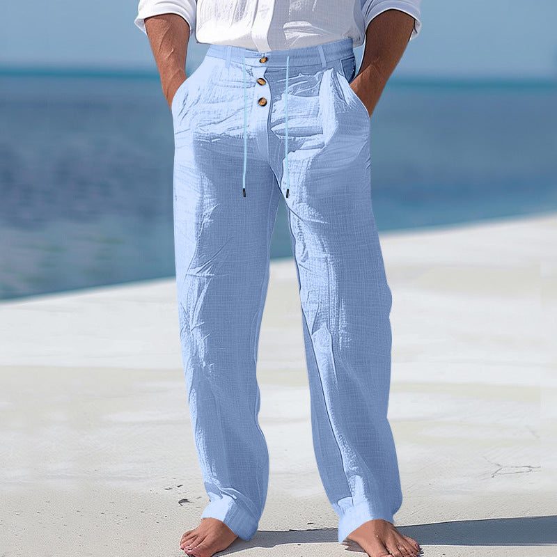 Linen High Waist Straight Leg Trousers for Men - Light Blue