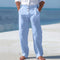 Linen High Waist Straight Leg Trousers for Men - Light Blue