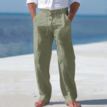 Linen High Waist Straight Leg Trousers for Men - Olive Green
