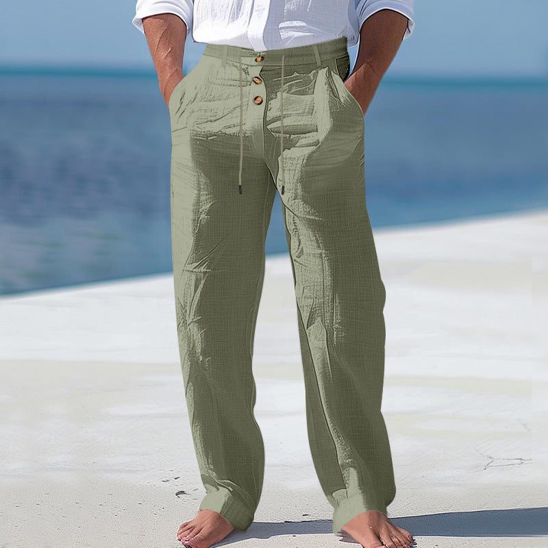 Linen High Waist Straight Leg Trousers for Men - Olive Green