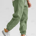 Linen Jogger Trousers with Elastic Waist for Men - Olive Green