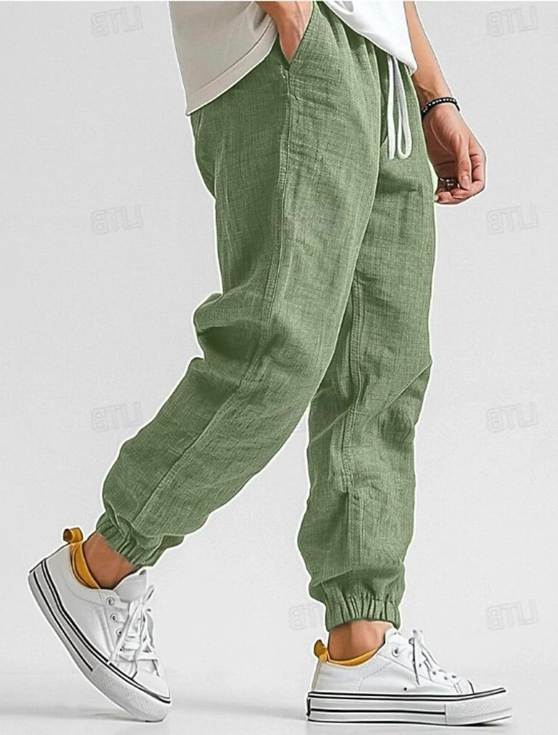Linen Jogger Trousers with Elastic Waist for Men - Olive Green