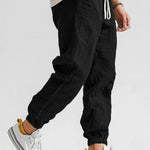 Linen Jogger Trousers with Elastic Waist for Men - Black