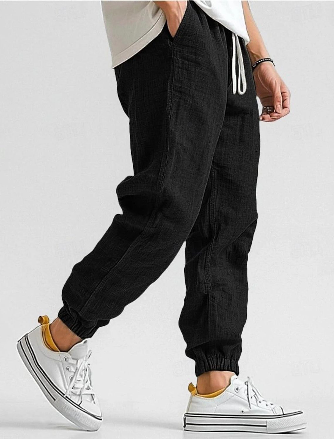 Linen Jogger Trousers with Elastic Waist for Men - Black