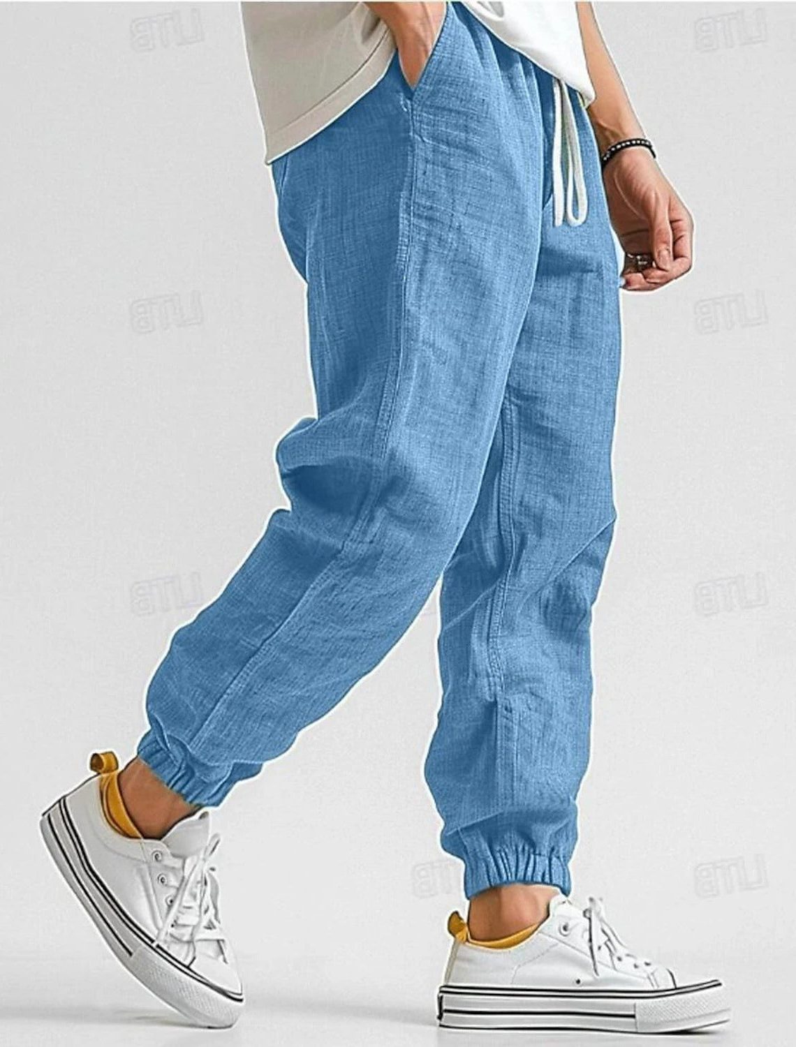Linen Jogger Trousers with Elastic Waist for Men - Blue