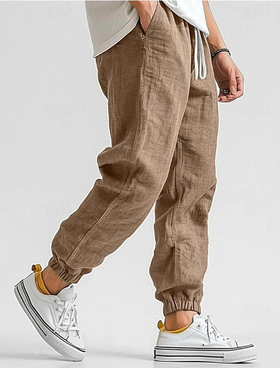 Linen Jogger Trousers with Elastic Waist for Men - Dark Brown