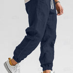 Linen Jogger Trousers with Elastic Waist for Men - Dark Blue