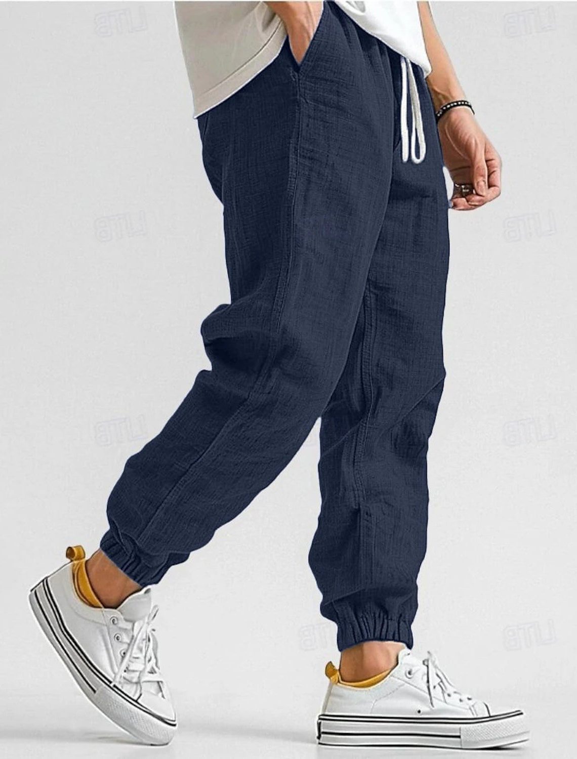Linen Jogger Trousers with Elastic Waist for Men - Dark Blue