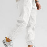 Linen Jogger Trousers with Elastic Waist for Men - White