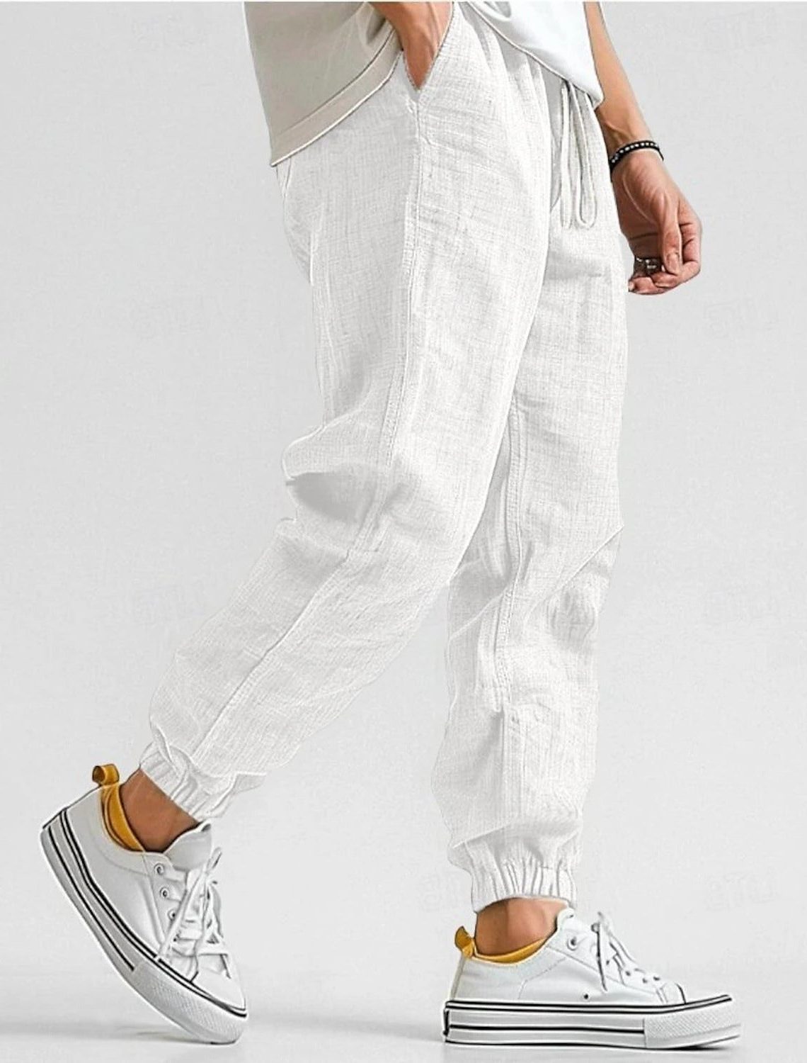 Linen Jogger Trousers with Elastic Waist for Men - White